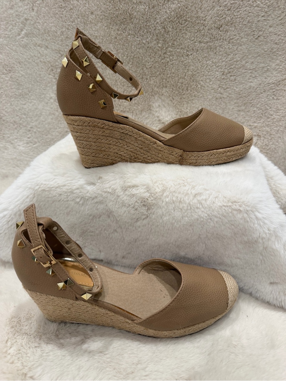Studded Ankle-Strap Espadrille Wedges in Tan